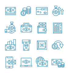 Set of money icons with outline style.