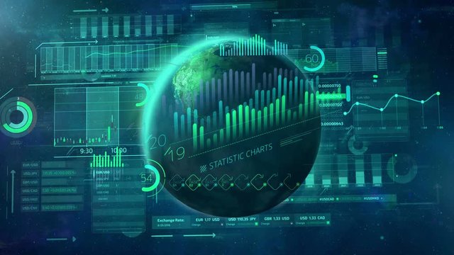 Arrays of analytic infographic on the background of the planet.