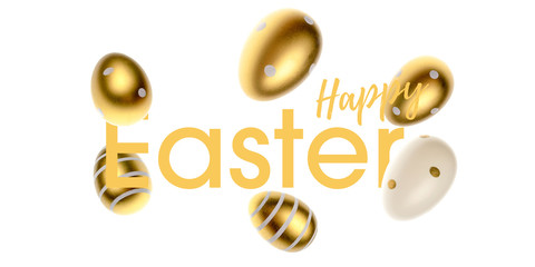 Easter golden eggs in shape frame falling on white. Greeting card trendy design. for you poster or flyer.