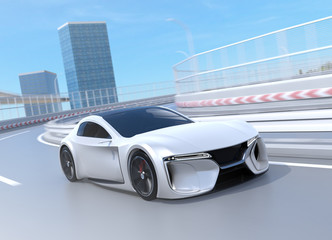 Electric powered sports coupe driving on the highway.  3D rendering image.  - obrazy, fototapety, plakaty