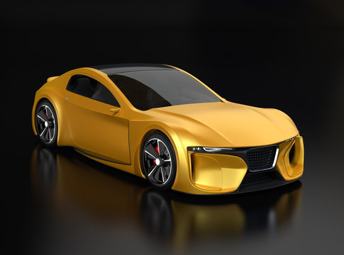 Yellow paint electric powered sports coupe on black background. 3D rendering image. 