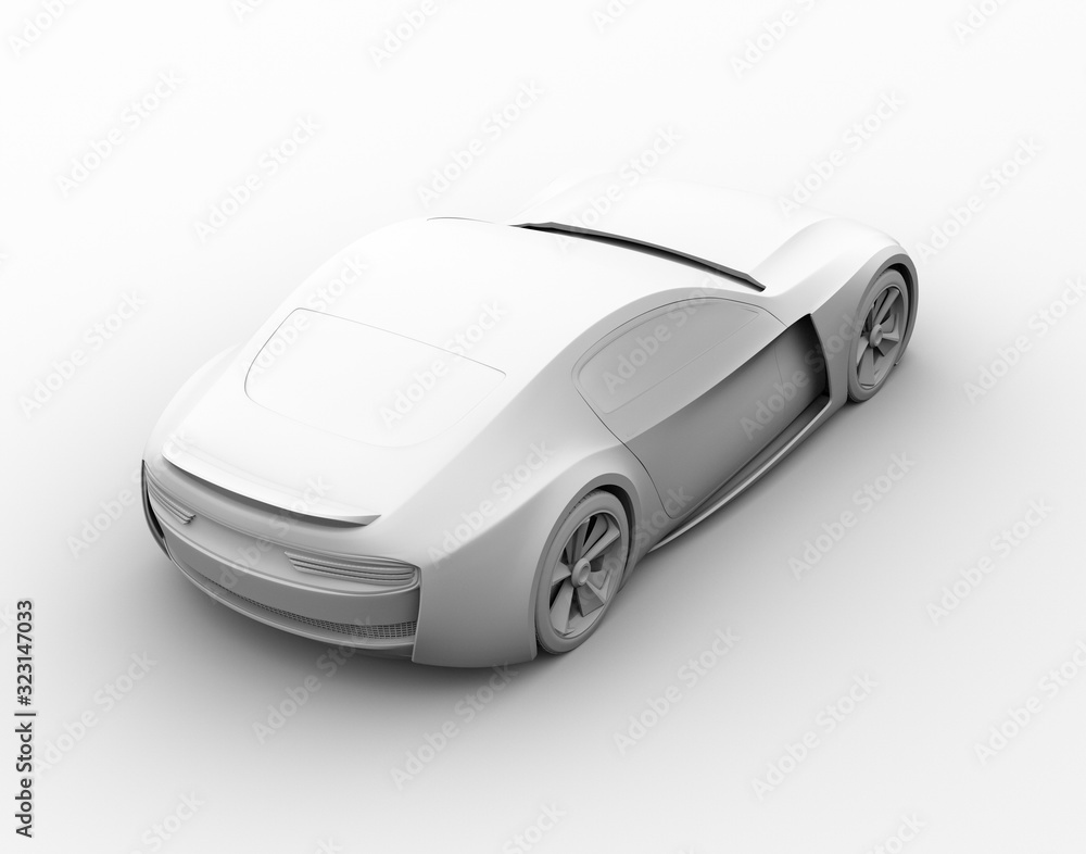 Poster rear view of electric powered sports coupe in clay rendering style. 3d rendering image.