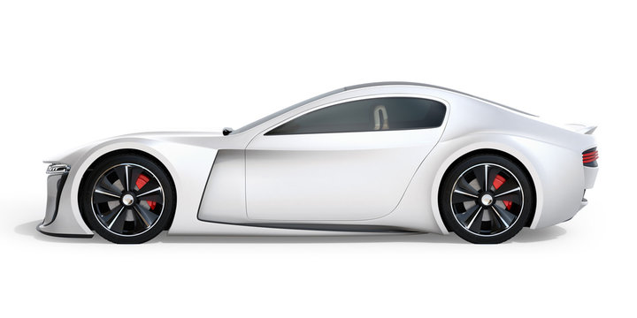 Side view of silver electric powered sports coupe isolated on white background. 3D rendering image.
