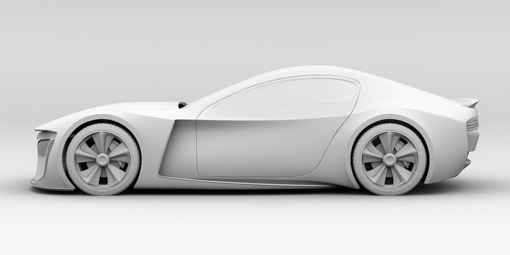 Side view of electric powered sports coupe in clay rendering style. 3D rendering image. 
