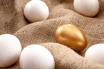 Metaphors for successful leadership and retirement investment concept with white eggs and one single gold egg on burlap sack background