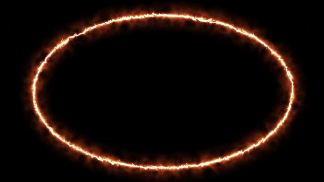 Empty e lip circle, circular frame with electric power border glowing, burning flame sign. Blank circle fire with electric power around frame lights. The best stock of animation orange electric power