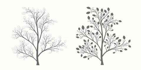 Tree with leaves and berries in a gray tone in vintage style in two versions on a notebook sheet