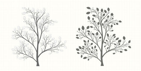 Obraz premium Tree with leaves and berries in a gray tone in vintage style in two versions on a notebook sheet