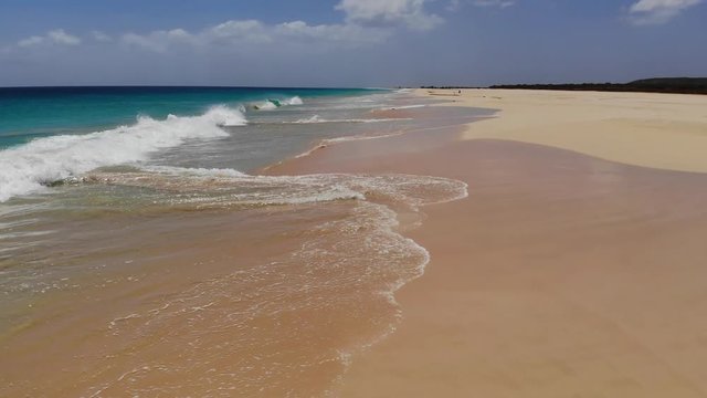 Drone footage of the coastline of santa Monica beach in Boa Vista, Cape Verde, Africa
