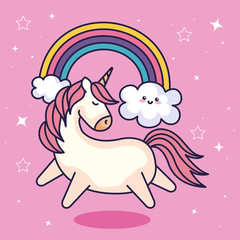 cute unicorn and rainbow with clouds kawaii style vector illustration design
