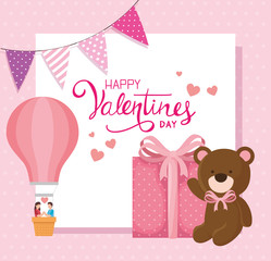 happy valentines day with teddy bear and decoration vector illustration design