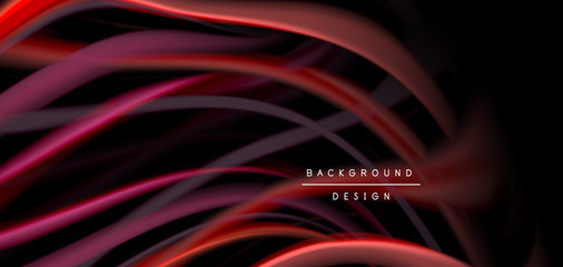 Abstract silk smooth lines on black, multicolored liquid fluid rainbow style waves on black