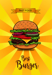 Vector hand drawn pop art illustration of hamburger, Fast food. Retro style. Hand drawn sign. Illustration for print, web.