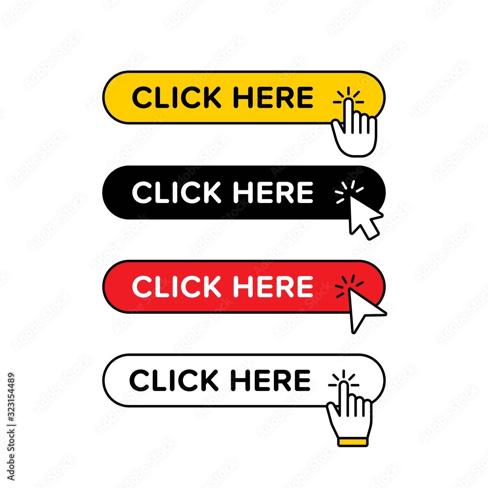 Poster set of click here button with pointer and hand clicking option. designed in yellow black red and whi
