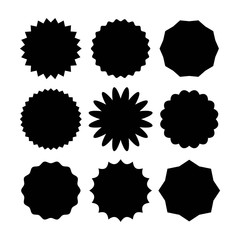 Star burst sticker set in various shape. Vector illustration designed in black over white. Premium vector