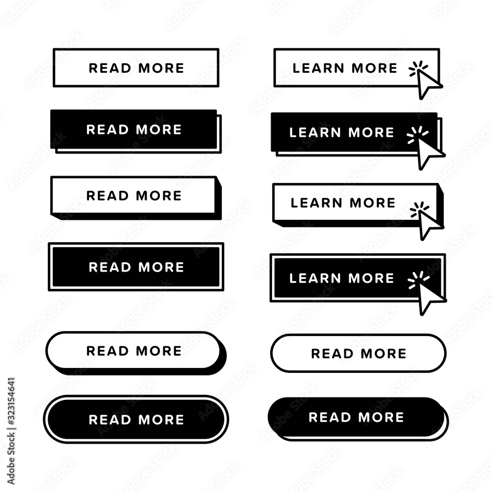 Poster set of learn more buttons with different shapes and icons with black outline frames. pointer clickin