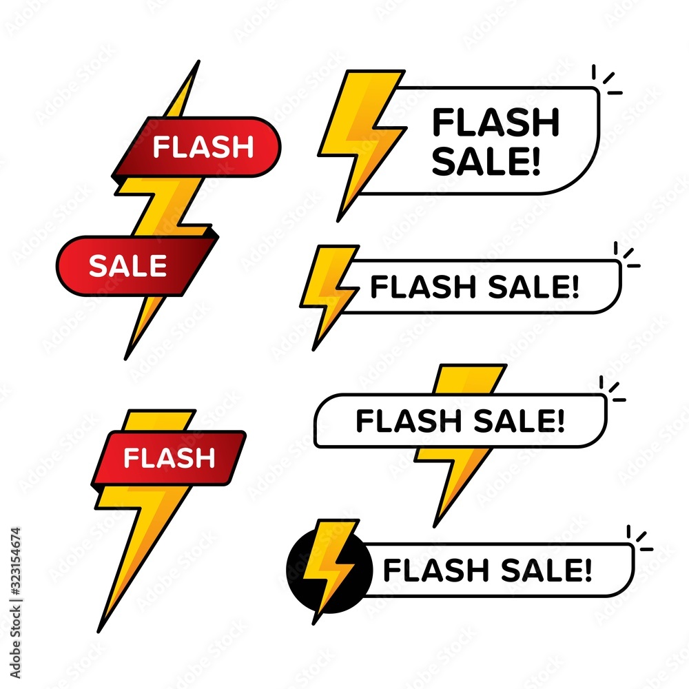 Poster set of flash sale banners with thunder sign. designed in various shape and color. premium line style