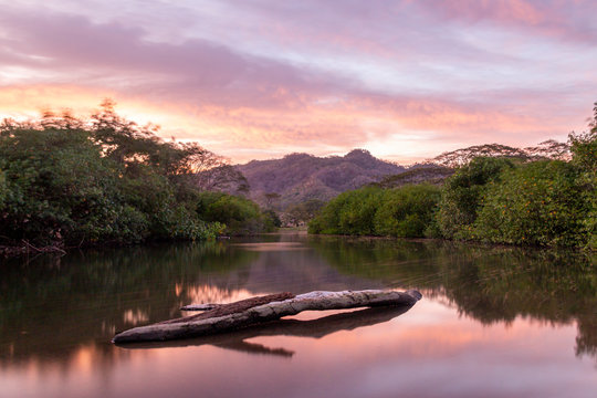 Sunset at Pochote Beach, in the Pacific of Costa Rica, next to the mouth of the Pochote River.