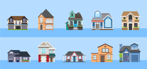 Apartment houses set. Residential buildings design elements collection. Isolated flat vector illustration
