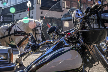 Obraz premium An old live horse and a new iron horse share the road