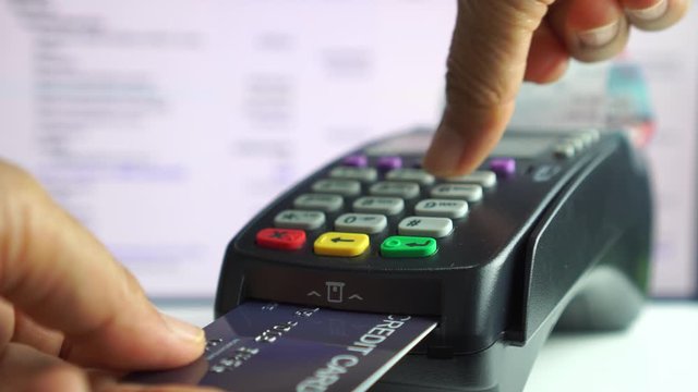 Mockup Credit card payment for purchase sell products service, business people hand pushing button or swipe to buy shopping through electronic transaction machine, Payments by credit card in terminal