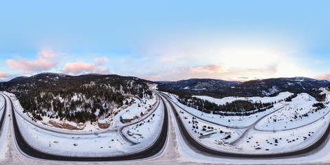 Aerial 360 Panoramic View. VR.  Scenic Highway passing in the Canadian Mountain Landscape during a...