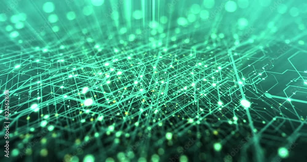 Poster abstract tech background made of printed circuit board. depth of field effect and bokeh. internet co