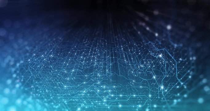 Abstract Circuit board. Electronic computer hardware technology. Motherboard digital chip. Matrix particles grid virtual reality. Network communication. Information CPU. 3D render, 4K seamless loop	