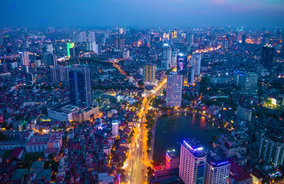 Hanoi, Vietnam - 22th June 2019: Hanoi cityscape at sunset (dusk), from Lotte Observation Deck in Lotte Center, Hanoi.