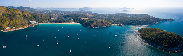 Aerial panorama of Phuket island. Nai Harn beach, Ya Nui beach and Southern tip are in the frame