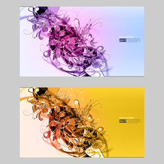 Abstract set color festive fresh floral backgrounds. Cool vector frame with contrast glowing fibers and shine petals.