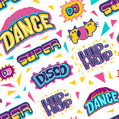 Collection retro words in trendy music party disco 80s-90s lettering hand-drawn cartoon style. Vector colorful seamless pattern doodle illustration