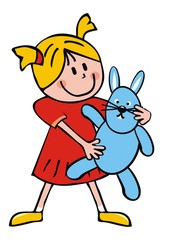 Little girl at red frock and blue rabbit, cute vector. Color picture on white background.