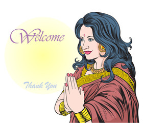 Indian woman raise her hands to respectfully welcome on a white background. hand drawn style vector design illustrations.