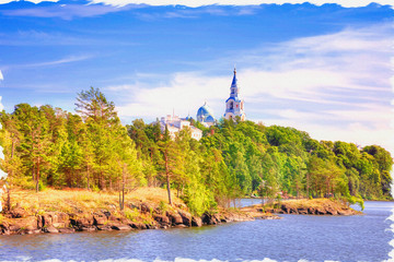 Imitation of a picture. Oil paint. Illustration. Hermitage of Saint Nicholas