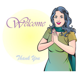 Indian woman raise her hands to respectfully welcome on a white background. hand drawn style vector design illustrations.