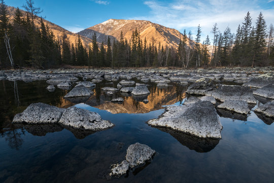 Lava Lakes In The Valley Of The Zhombolok River. Oka District Of Buryatia Republic