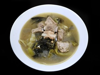 Thai food style, Top view of pork meat soup with vegetables in white bowl, healthy food concept, Ready to eat