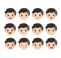 Set of Adorable Boy facial emotions. Boy face with different expressions. Schoolboy portrait avatars. Variety of emotions teen guy.