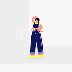 Female Plumber, Mechanic Flat Vector Illustration. Woman in Overalls with Tool Belt Cartoon Character. Technician Occupation, Utilities Service Worker Holding Spanner, Wrench. Professional Repair Aid