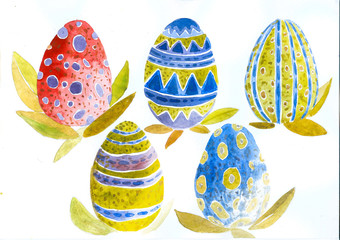 Colored isolated watercolor easter eggs