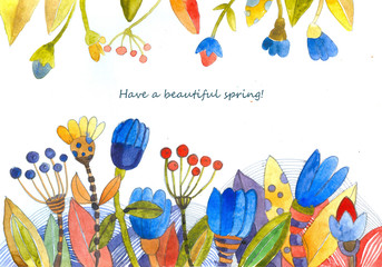 Watercolor card with flowers. handmade. Spring background.