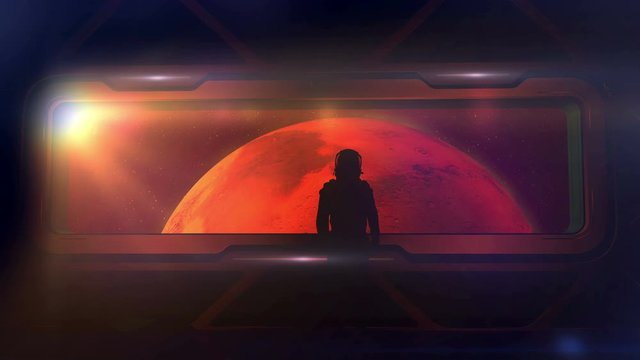 Astronaut at the porthole of a ship approaching Mars.