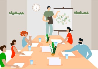 Advertising Poster Office Project Presentation. Organizational Changes in Enterprise. Men and Women are Sitting in Meeting, Head is on Table. Success Workplace Vector Illustration. - obrazy, fototapety, plakaty