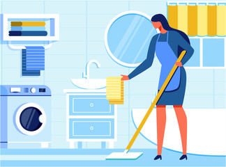 Woman Housekeeper Cleaning Bathroom. Housewife in Apron Moping Floor, Straightening Towel on Sink. Flat Interior. Cartoon Female Character. Relevance Household Appliances Usage. Vector Illustration