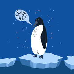 Global warming. Cartoon doodle illustration of a sad penguin on melting ice with speech bubble. Save us. World problem with call to action. The threat of extinction of rare animals.