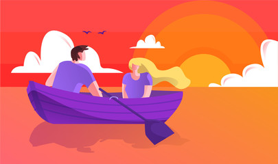 Vector Illustration Romantic Boat Trip, Cartoon. Young Happy Man and Woman Travel in Boat on River or Sea Morning at Dawn. Beautiful Romance Between Spouses. Water and Sky are Red.