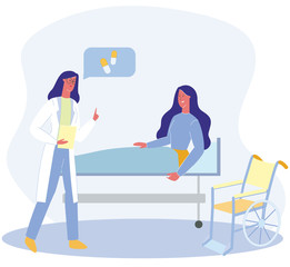 Doctor Therapist Talk to Woman Lie in Bed Vector illustration. Wheelchair Need Disabled Patient. Medication Recommendation, Pharmacology Drug Treatment. Handicapped Person Rehabilitation Support