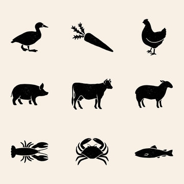 Set of 9 meal choice option icons with vintage texture. The set includes chicken, beef, pork, lamb, vegetarian, fish, lobster, and crab.