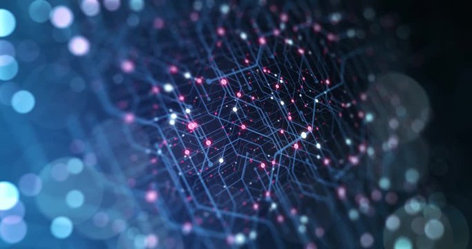 Abstract Circuit board. Electronic computer hardware technology. Motherboard digital chip. Matrix particles grid virtual reality. Network communication. Information CPU. 3D render, 4K seamless loop	
